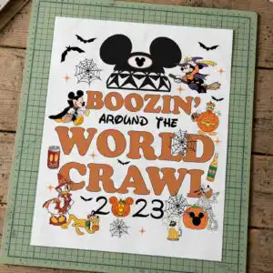boozin' around world crawl png design printed on a plain product mockup