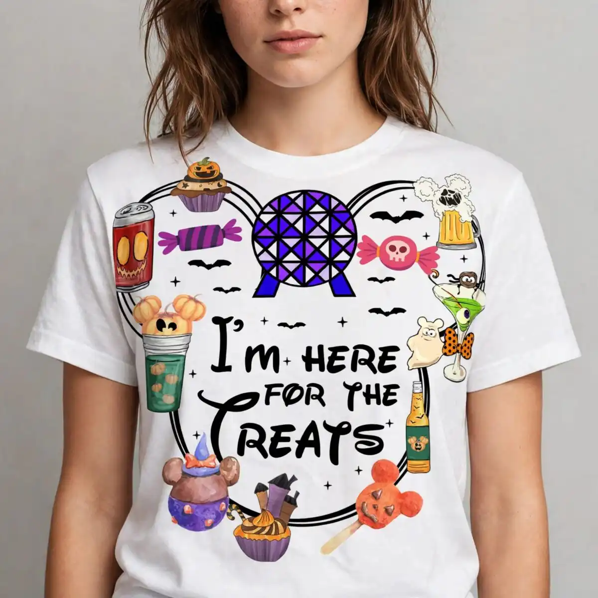 i'm here treats halloween png design printed on a plain product mockup