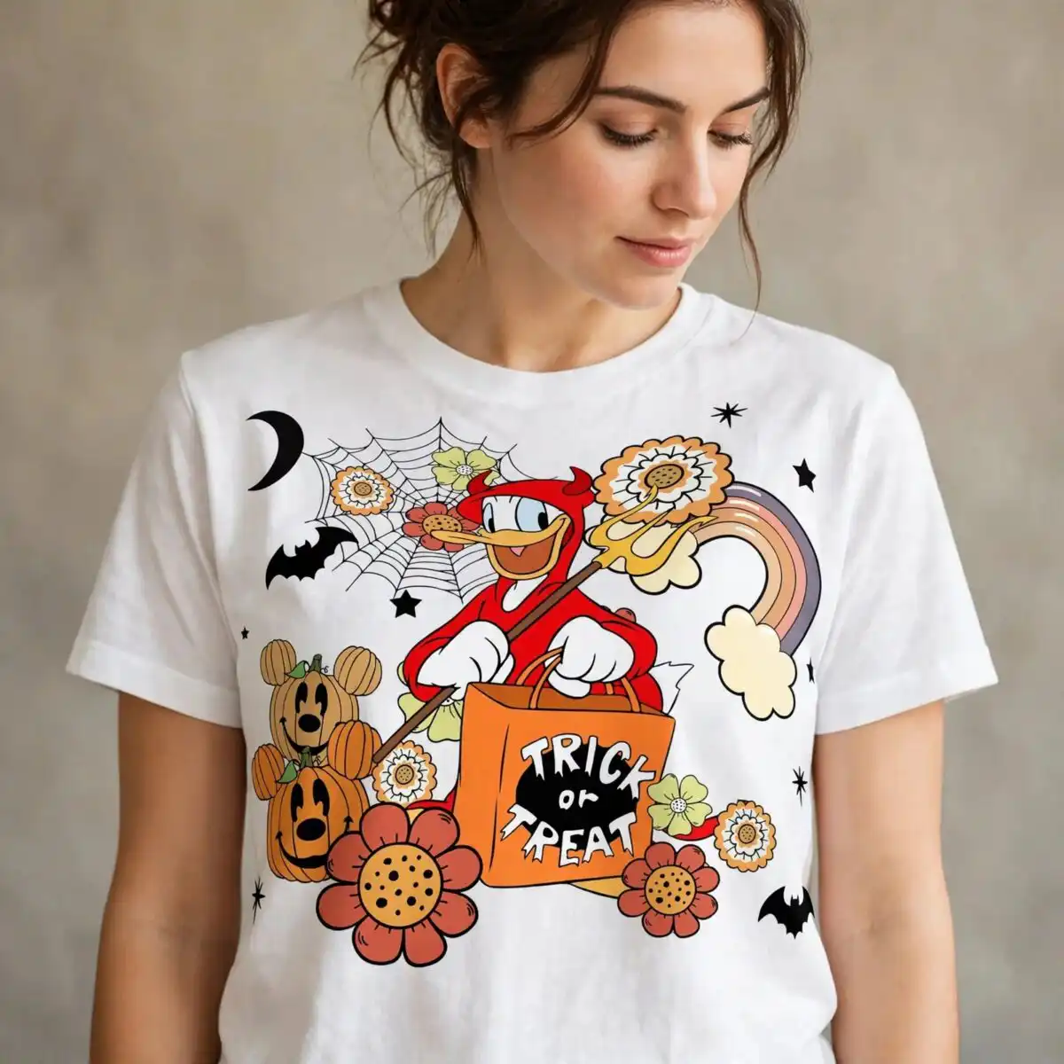 cartoon devil duck trick or treat bag design for halloween shirts trick or treat bag png design printed on a plain product mockup