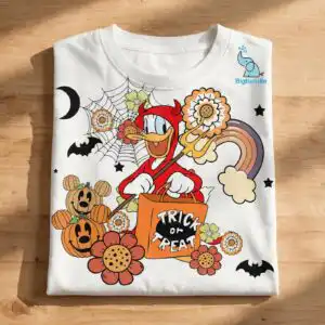 cartoon devil duck trick or treat bag design for halloween shirts trick or treat bag png design printed on a plain product mockup