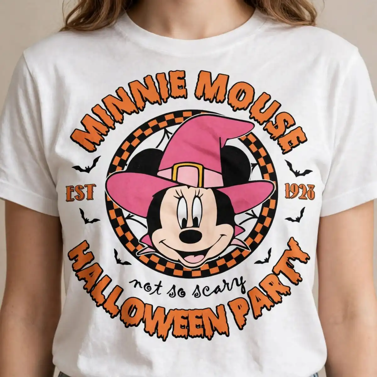 pink minnie mouse halloween party badge - cute witch images for sublimation pink minnie mouse png images design printed on a plain product mockup