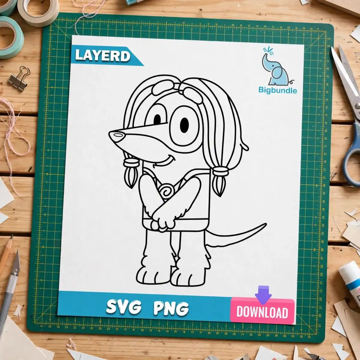 indy outline bluey bluey svg design printed on a plain product mockup