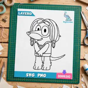 indy outline bluey bluey svg design printed on a plain product mockup
