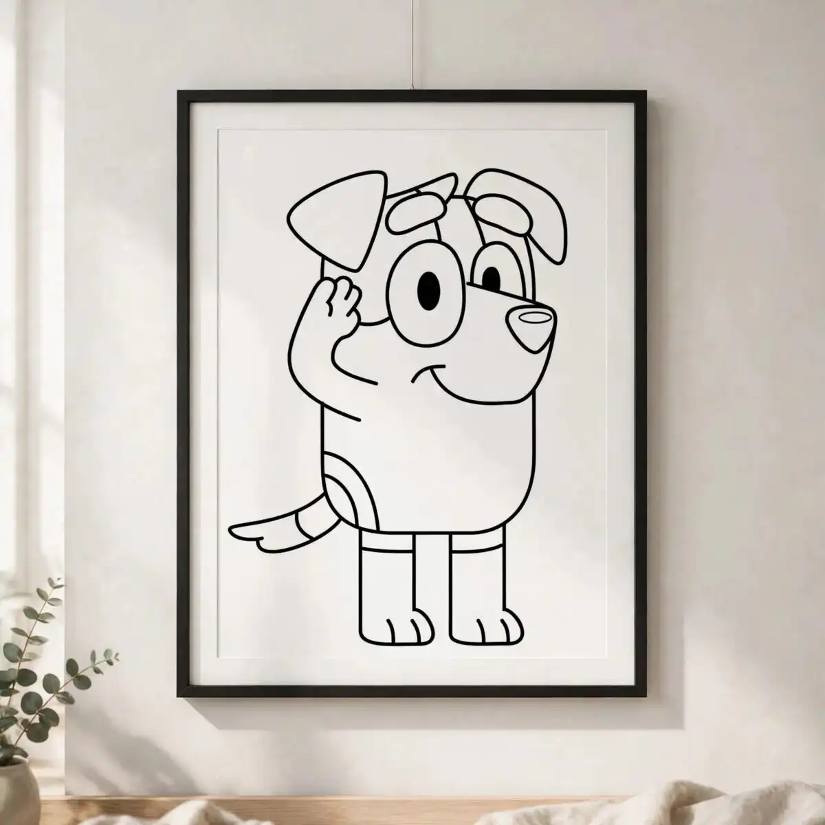 jack army outline bluey cartoon puppy dog saluting design for kids jack army outline bluey svg design printed on a plain product mockup