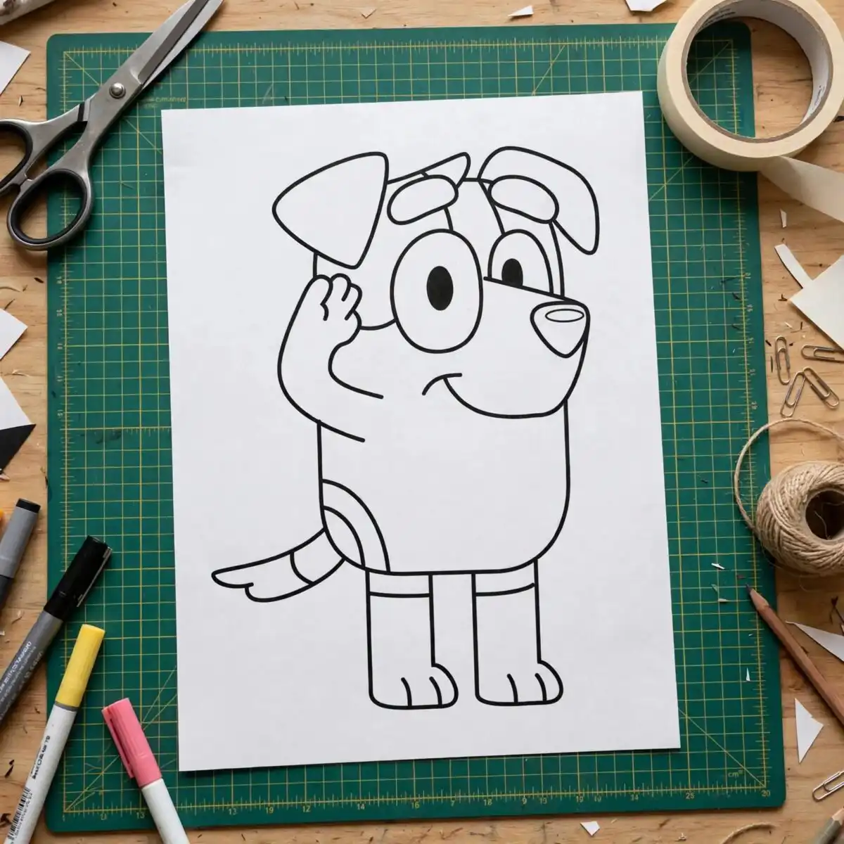 jack army outline bluey cartoon puppy dog saluting design for kids jack army outline bluey svg design printed on a plain product mockup
