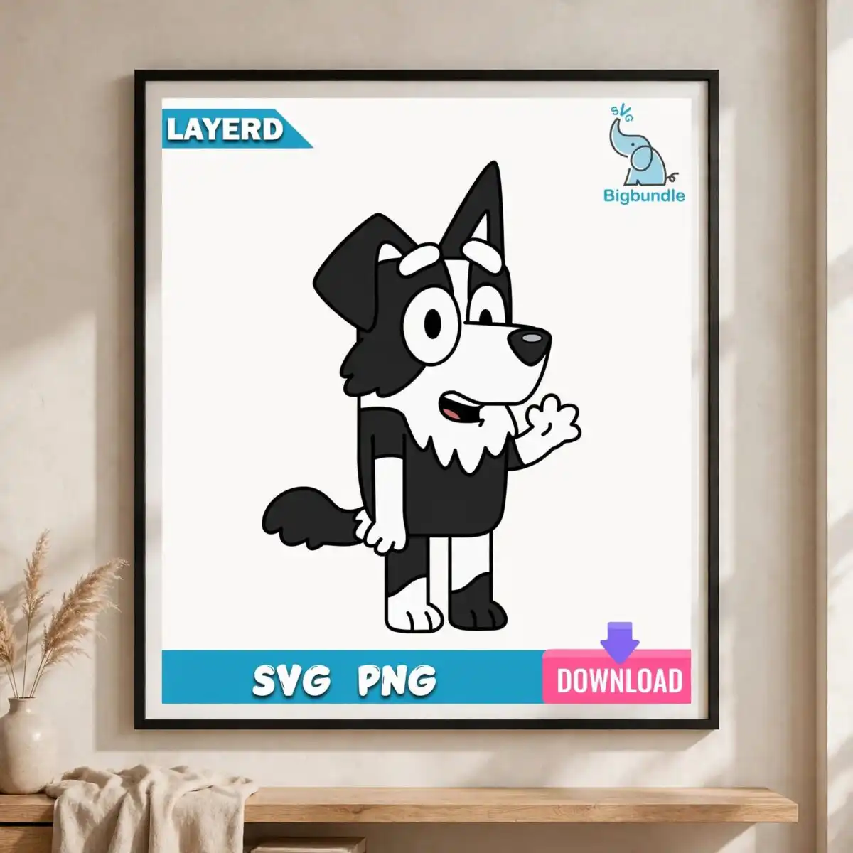 mackenzie bluey border collie dog waving character for kids birthday party mackenzie bluey bluey dog svg design printed on a plain product mockup