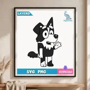 mackenzie bluey border collie dog waving character for kids birthday party mackenzie bluey bluey dog svg design printed on a plain product mockup