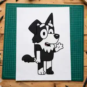 mackenzie bluey border collie dog waving character for kids birthday party mackenzie bluey bluey dog svg design printed on a plain product mockup