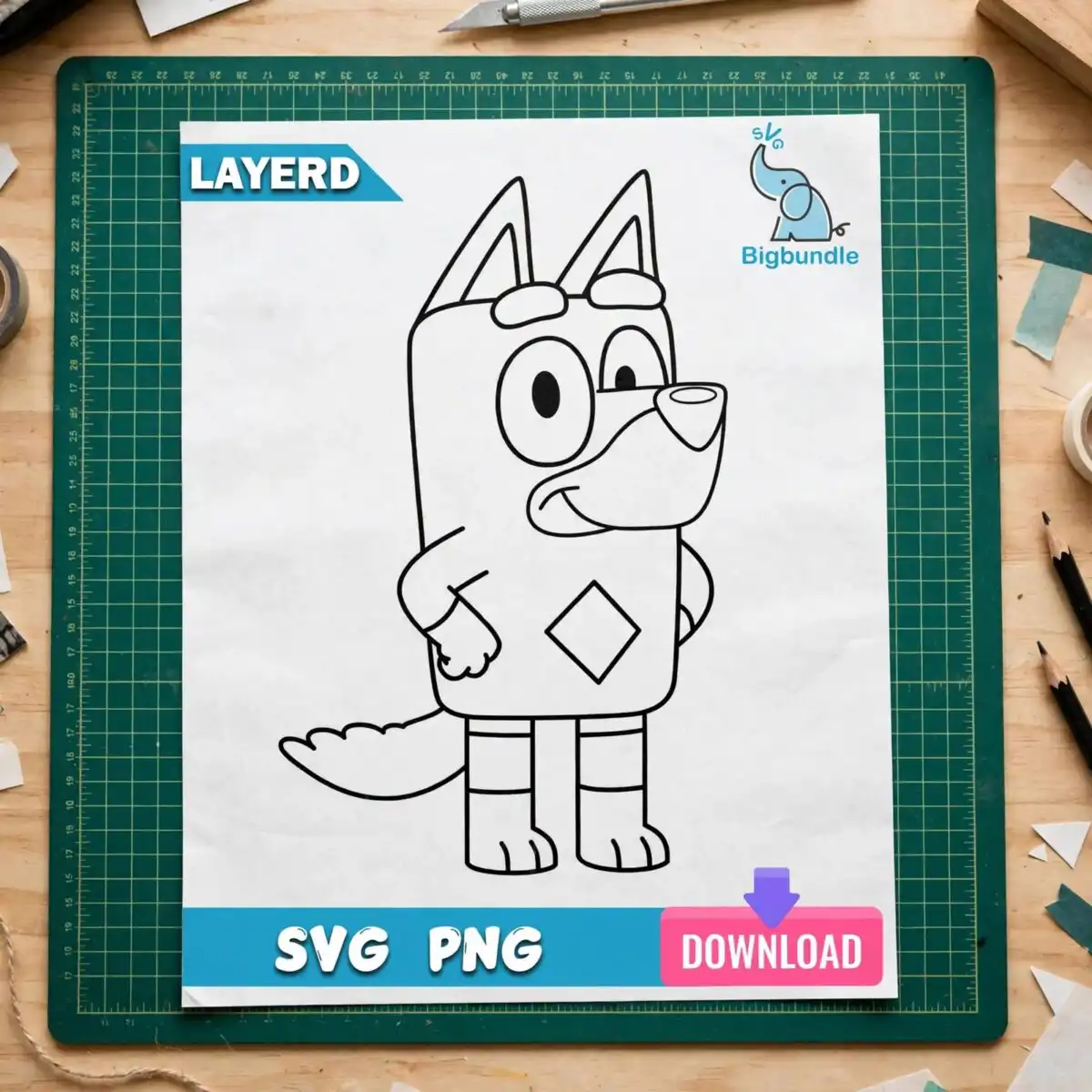 rusty bluey outline bluey svg design printed on a plain product mockup