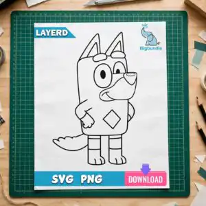rusty bluey outline bluey svg design printed on a plain product mockup