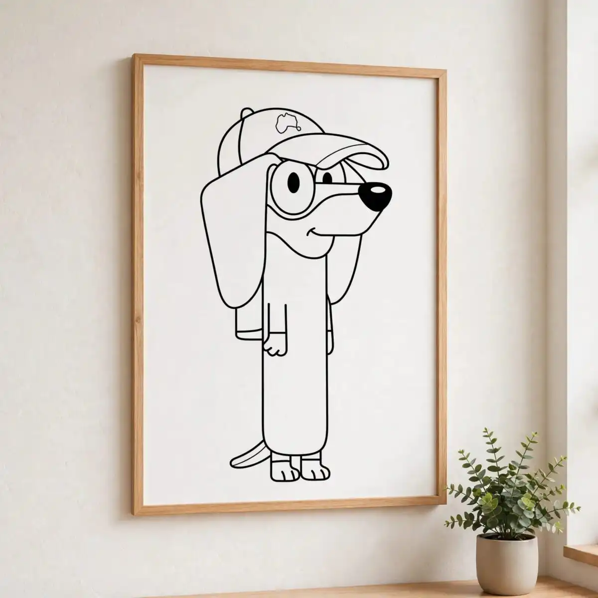 snickers outline bluey cartoon dachshund with cap and glasses kids design snickers outline bluey bluey svg design printed on a plain product mockup