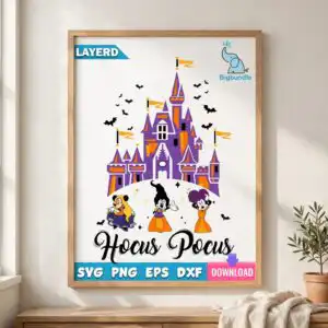 three costumed mice castle halloween design with hocus pocus lettering halloween three costumed mice castle svg design printed on a plain product mockup