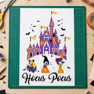 three costumed mice castle halloween design with hocus pocus lettering halloween three costumed mice castle svg design printed on a plain product mockup