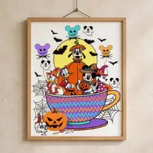 mickey mouse and friends halloween teacup party with costumed animals mickey mouse and friends svg design printed on a plain product mockup