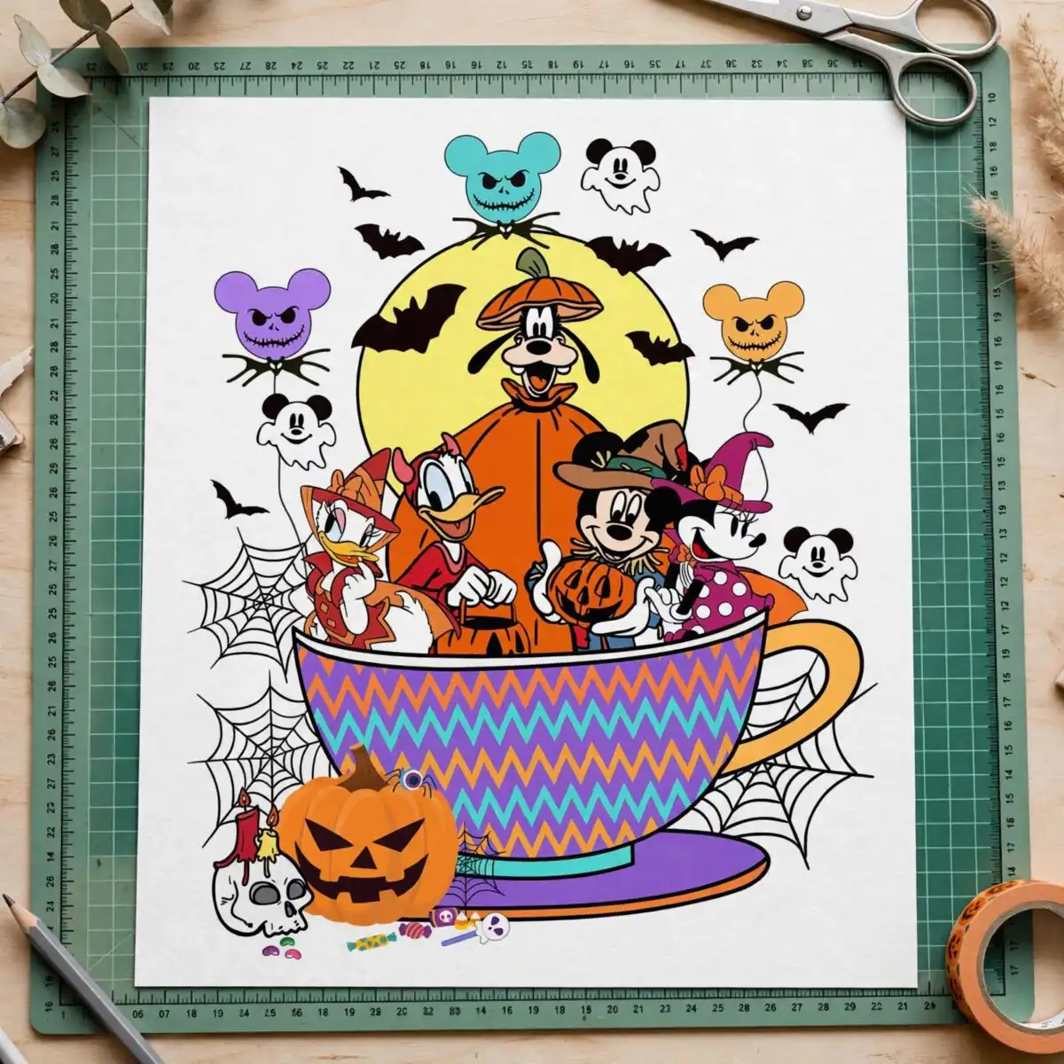 mickey mouse and friends halloween teacup party with costumed animals mickey mouse and friends svg design printed on a plain product mockup