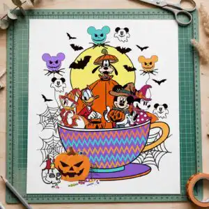 mickey mouse and friends halloween teacup party with costumed animals mickey mouse and friends svg design printed on a plain product mockup