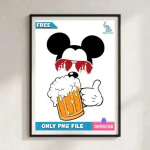 vacation cartoon mouse head silhouette with sunglasses, beer mug and thumbs up vacation cartoon mouse head silhouette png design printed on a plain product mockup