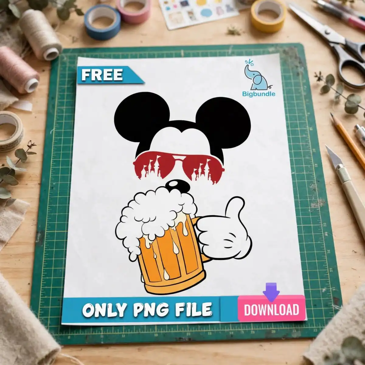 vacation cartoon mouse head silhouette with sunglasses, beer mug and thumbs up vacation cartoon mouse head silhouette png design printed on a plain product mockup