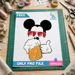 vacation cartoon mouse head silhouette with sunglasses, beer mug and thumbs up vacation cartoon mouse head silhouette png design printed on a plain product mockup
