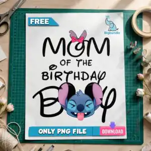 mom birthday boy stitch png design printed on a plain product mockup
