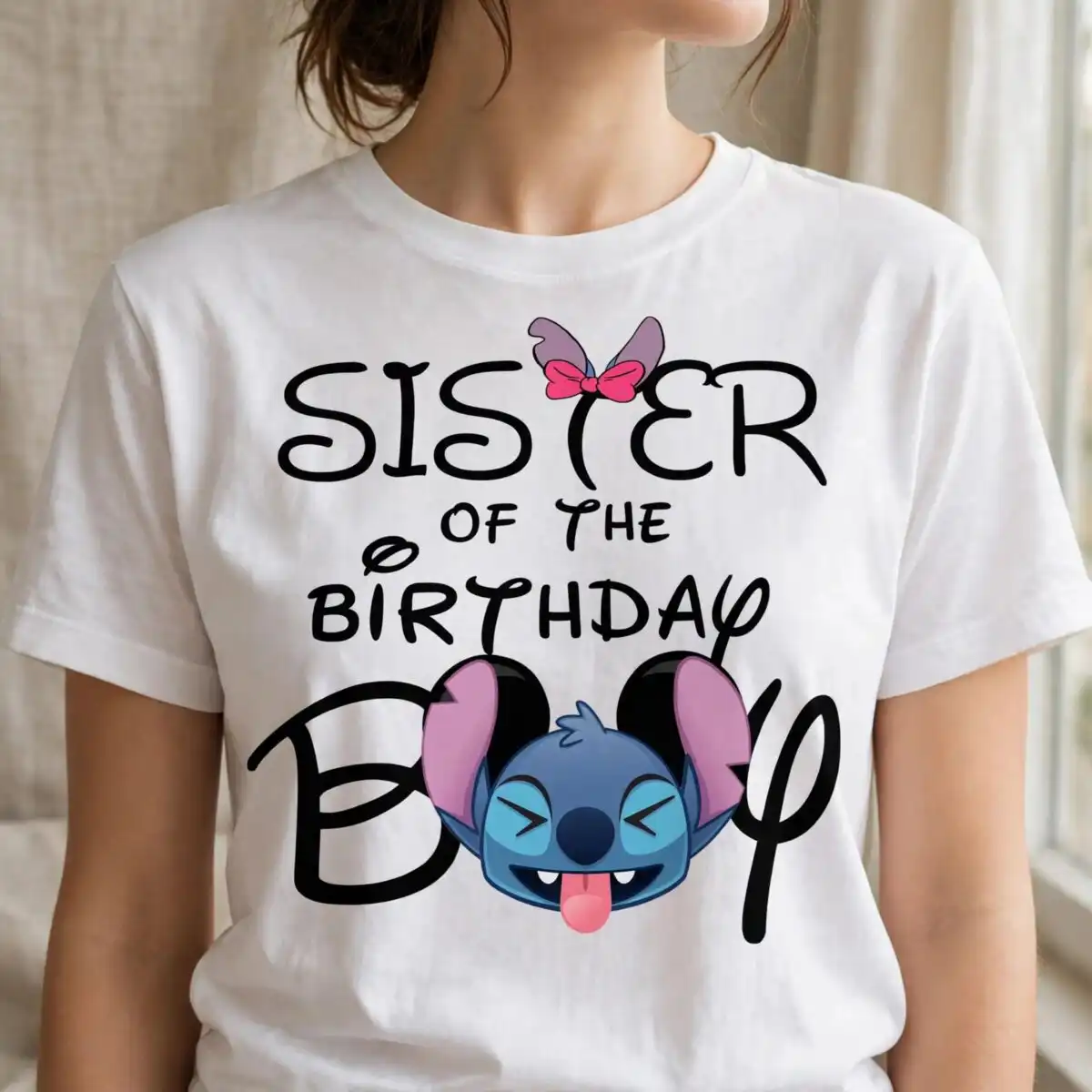 sister birthday boy stitch png design printed on a plain product mockup