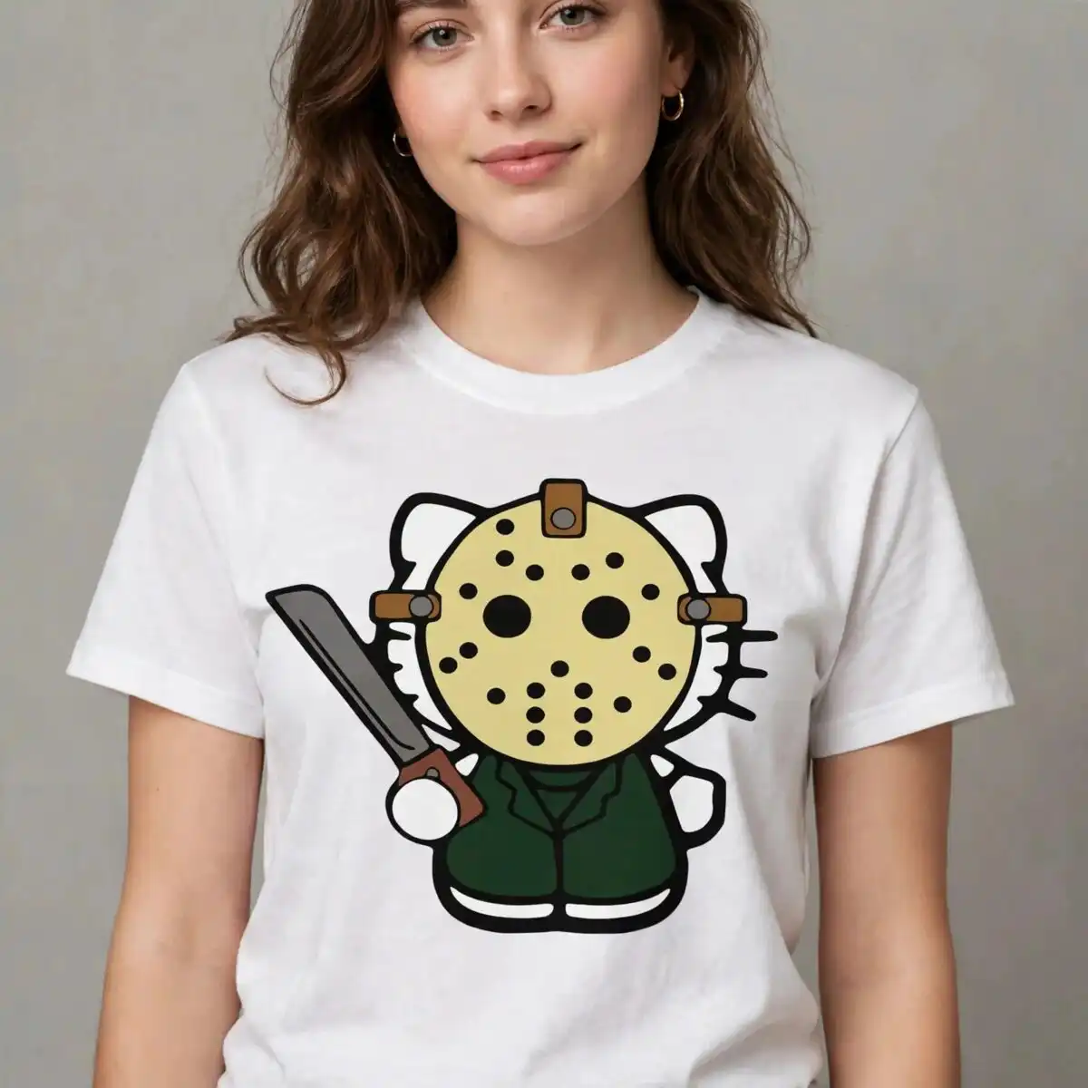 hello kitty halloween cartoon cat in hockey mask holding machete hello kitty png cartoon design printed on a plain product mockup