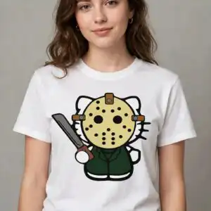 hello kitty halloween cartoon cat in hockey mask holding machete hello kitty png cartoon design printed on a plain product mockup