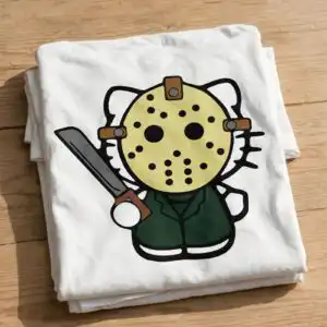 hello kitty halloween cartoon cat in hockey mask holding machete hello kitty png cartoon design printed on a plain product mockup