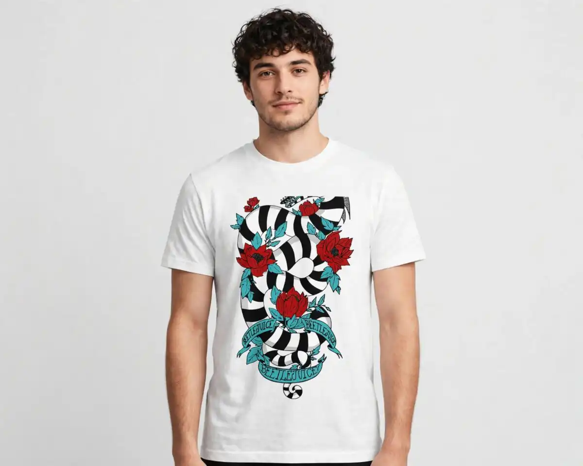 beetlejuice sandworm gothic quote with coffin and roses beetlejuice sandworm svg design printed on a plain product mockup