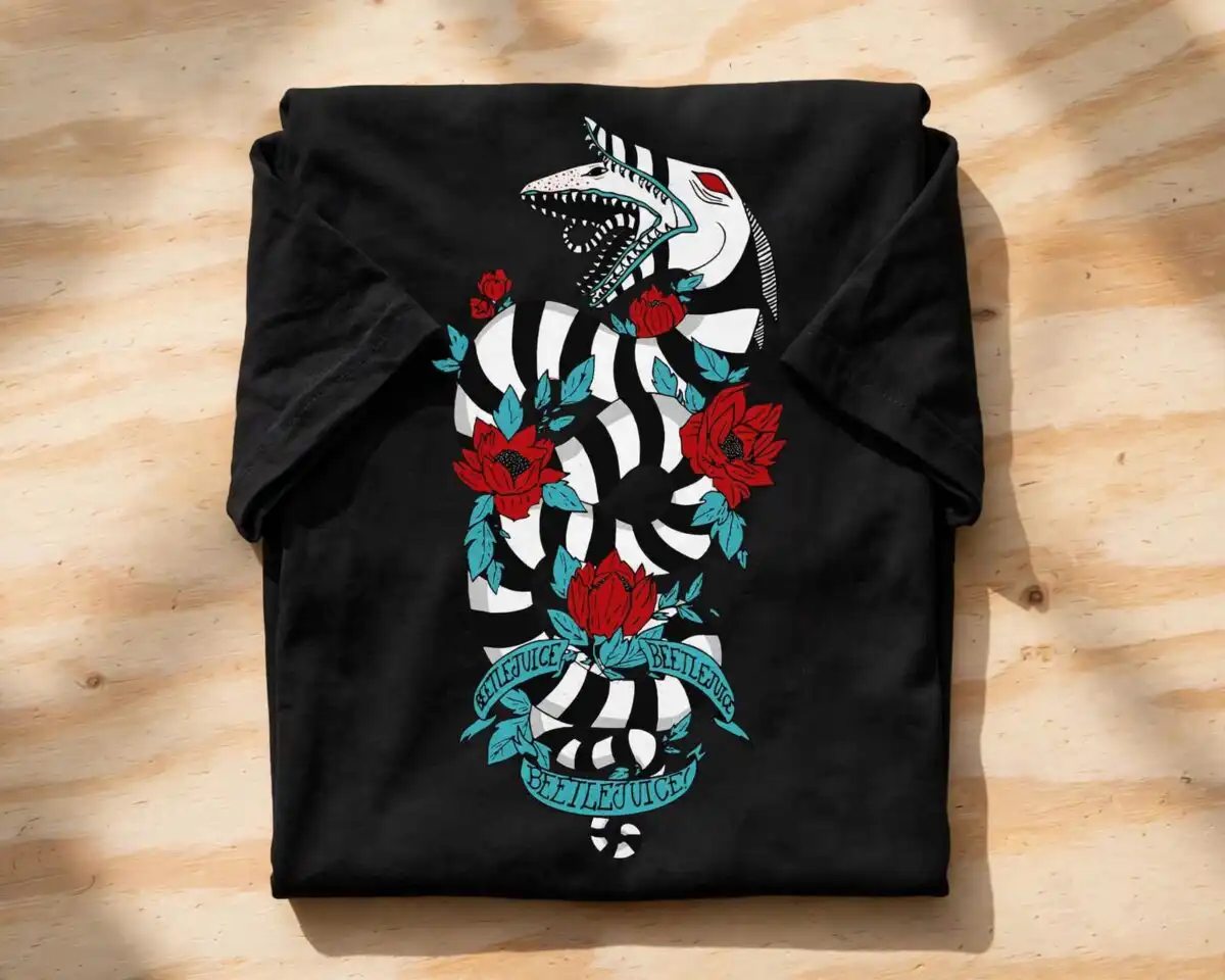 beetlejuice sandworm gothic quote with coffin and roses beetlejuice sandworm svg design printed on a plain product mockup