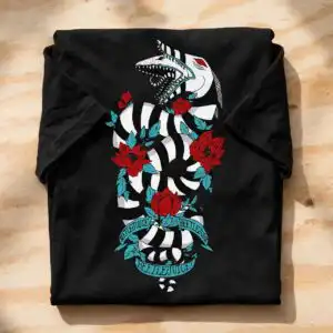 beetlejuice sandworm gothic quote with coffin and roses beetlejuice sandworm svg design printed on a plain product mockup