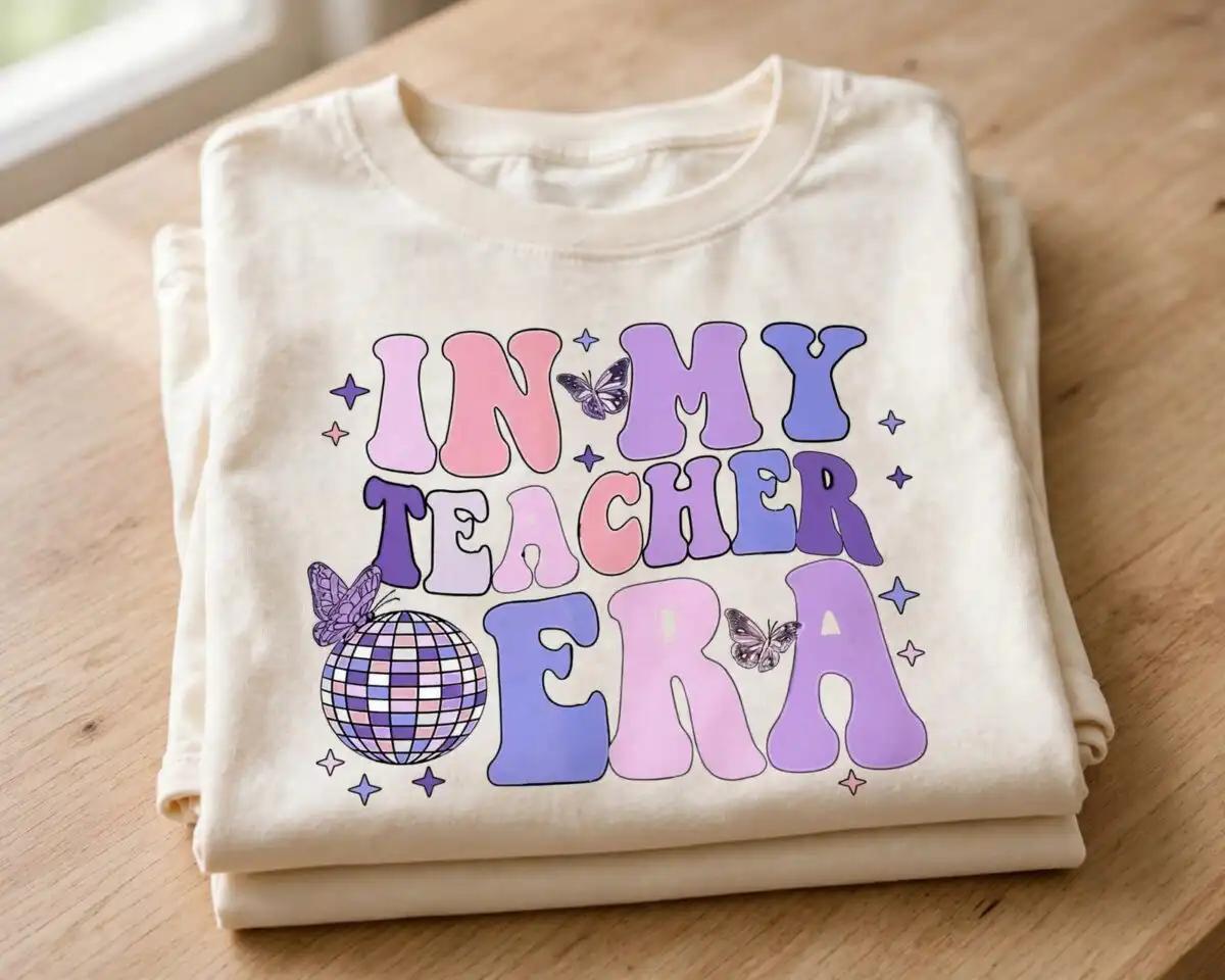 in my teacher era retro wavy sublimation design for back to school my teacher era retro sublimation design printed on a plain product mockup