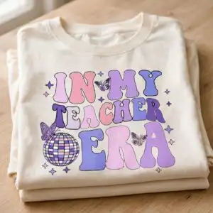 in my teacher era retro wavy sublimation design for back to school my teacher era retro sublimation design printed on a plain product mockup