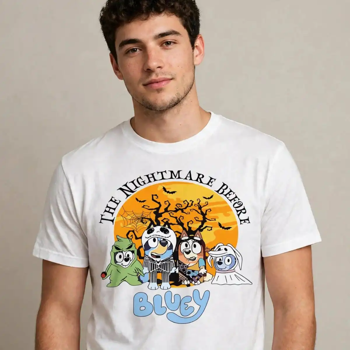 the nightmare before bluey halloween design with four costumed cartoon dogs bluey nightmare before halloween svg design printed on a plain product mockup