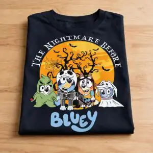 the nightmare before bluey halloween design with four costumed cartoon dogs bluey nightmare before halloween svg design printed on a plain product mockup