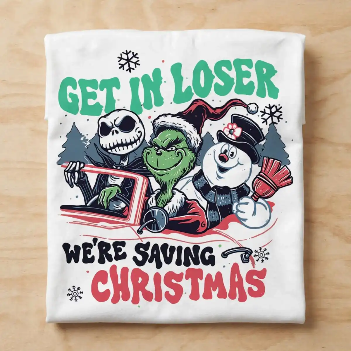 grinchmas get in loser we're saving christmas svg for crafting three characters in a car with Christmas text design printed on a plain product mockup