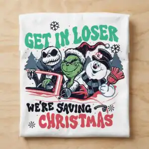 grinchmas get in loser we're saving christmas svg for crafting three characters in a car with Christmas text design printed on a plain product mockup