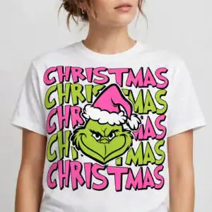 a green furry face with a pink santa hat surrounded by the word Christmas design printed on a plain product mockup