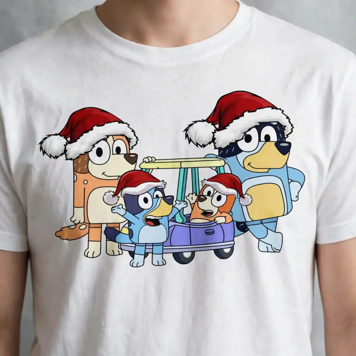 festive bluey and bingo christmas art with four dogs in santa hats bluey and bingo png design printed on a plain product mockup