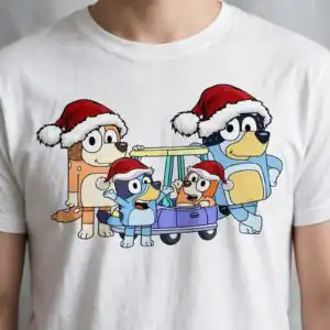 festive bluey and bingo christmas art with four dogs in santa hats bluey and bingo png design printed on a plain product mockup