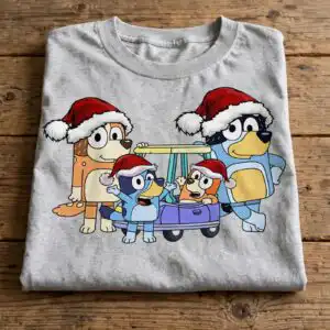 festive bluey and bingo christmas art with four dogs in santa hats bluey and bingo png design printed on a plain product mockup