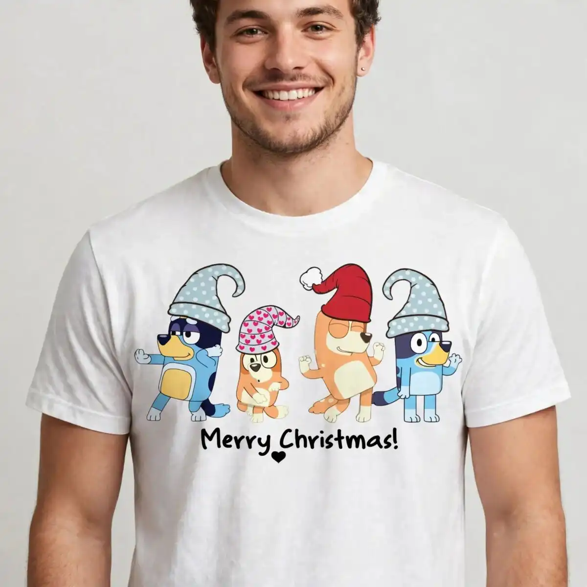 four festive cartoon dogs in gnome hats christmas art for shirts and mugs christmas four cartoon dogs festive png design printed on a plain product mockup