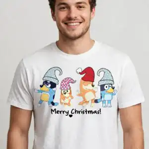 four festive cartoon dogs in gnome hats christmas art for shirts and mugs christmas four cartoon dogs festive png design printed on a plain product mockup