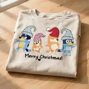four festive cartoon dogs in gnome hats christmas art for shirts and mugs christmas four cartoon dogs festive png design printed on a plain product mockup