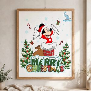 happy santa mickey mouse png - cartoon mouse in santa suit chimney happy santa png design printed on a plain product mockup