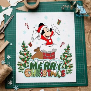 happy santa mickey mouse png - cartoon mouse in santa suit chimney happy santa png design printed on a plain product mockup