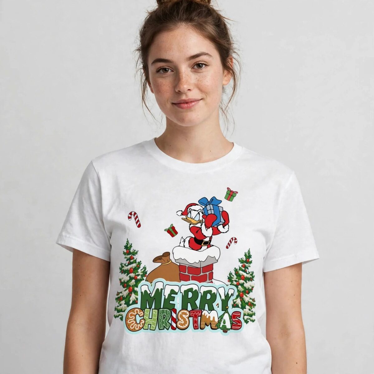 cartoon duck santa chimney christmas png with festive background for sublimation christmas png background design printed on a plain product mockup