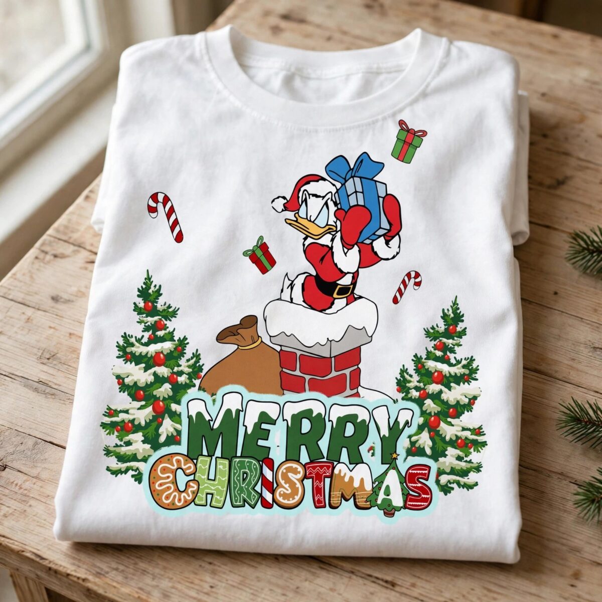 cartoon duck santa chimney christmas png with festive background for sublimation christmas png background design printed on a plain product mockup