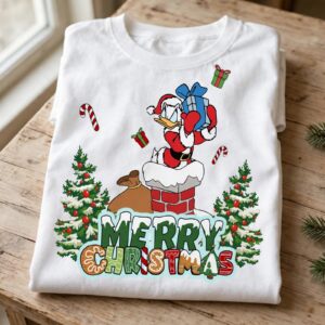 cartoon duck santa chimney christmas png with festive background for sublimation christmas png background design printed on a plain product mockup