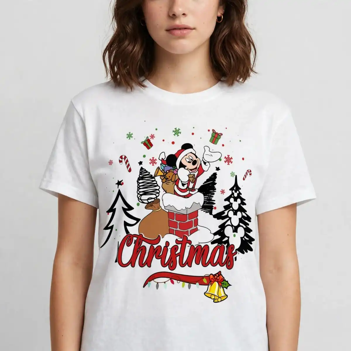 christmas cartoon mouse santa outfit png design printed on a plain product mockup